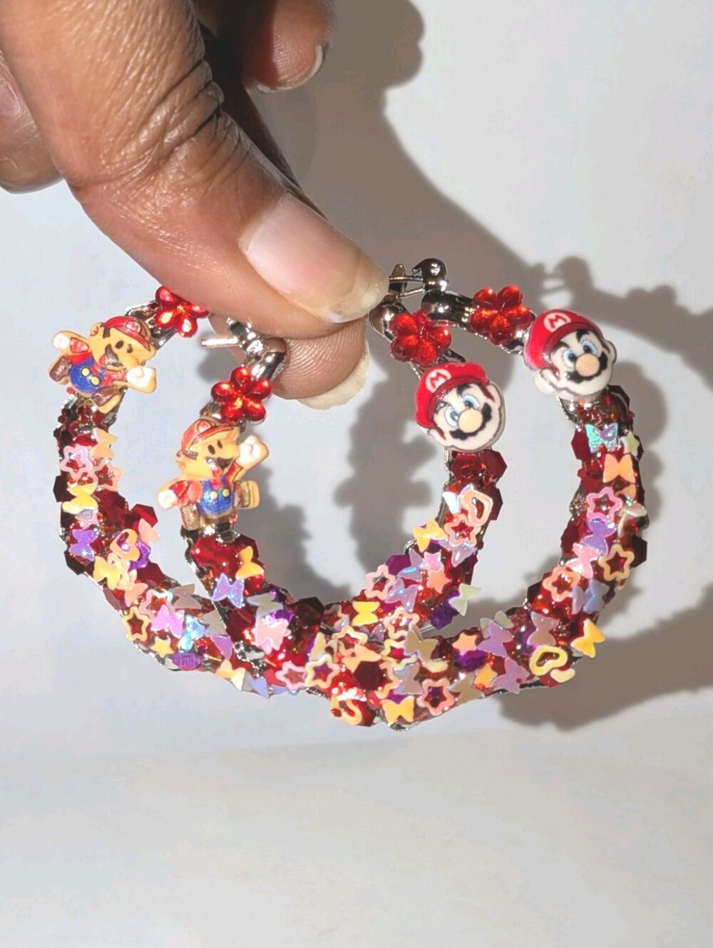 Hand Crafted Red Star Hoop Earrings with Character Charms For Women+Kids